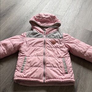 Pink and Gray Hooded Puffer Jacket